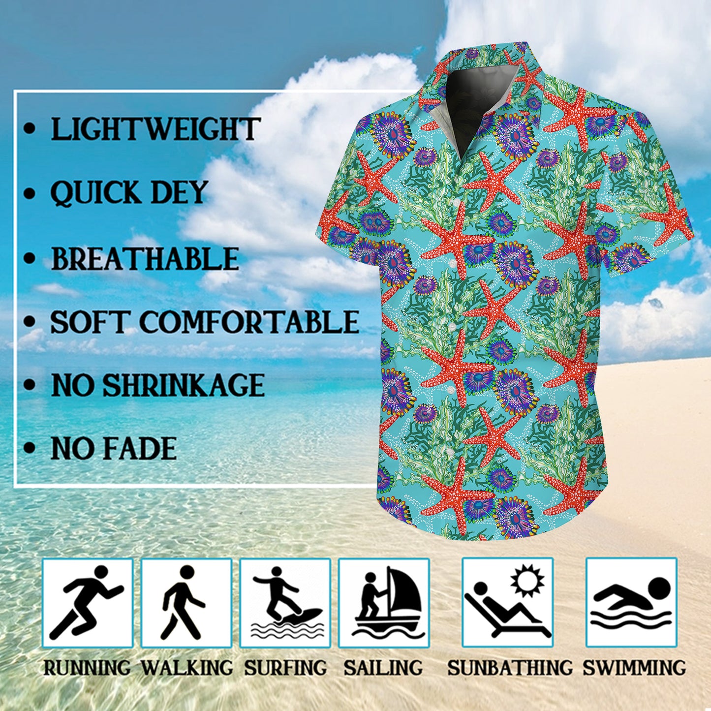 Red Starfish Ocean Seaweed Hawaiian Shirt for Men & Women Tropical Aloha