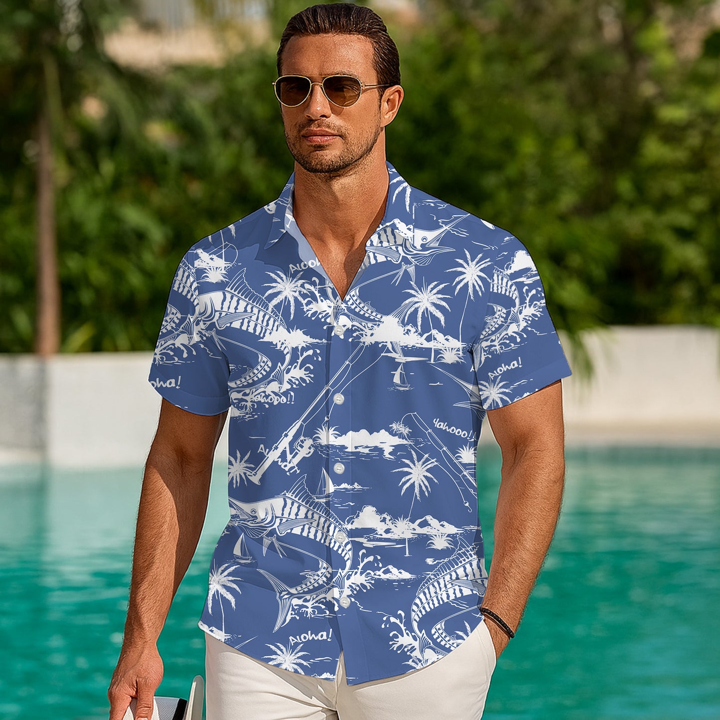 Deep Sea Marlin Fishing Hawaiian Shirt for Men & Women Blue Aloha