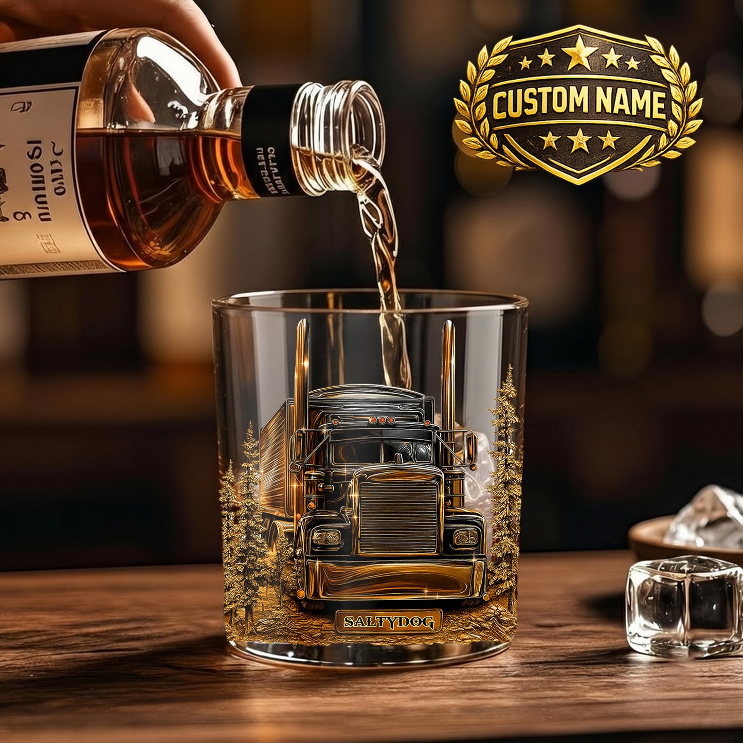 Personalized Semi-Truck Whiskey Glass - Custom Trucker Gift