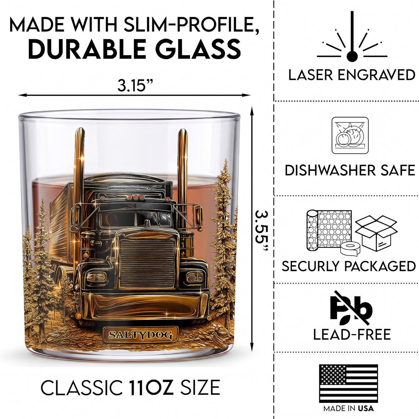 Personalized Semi-Truck Whiskey Glass - Custom Trucker Gift