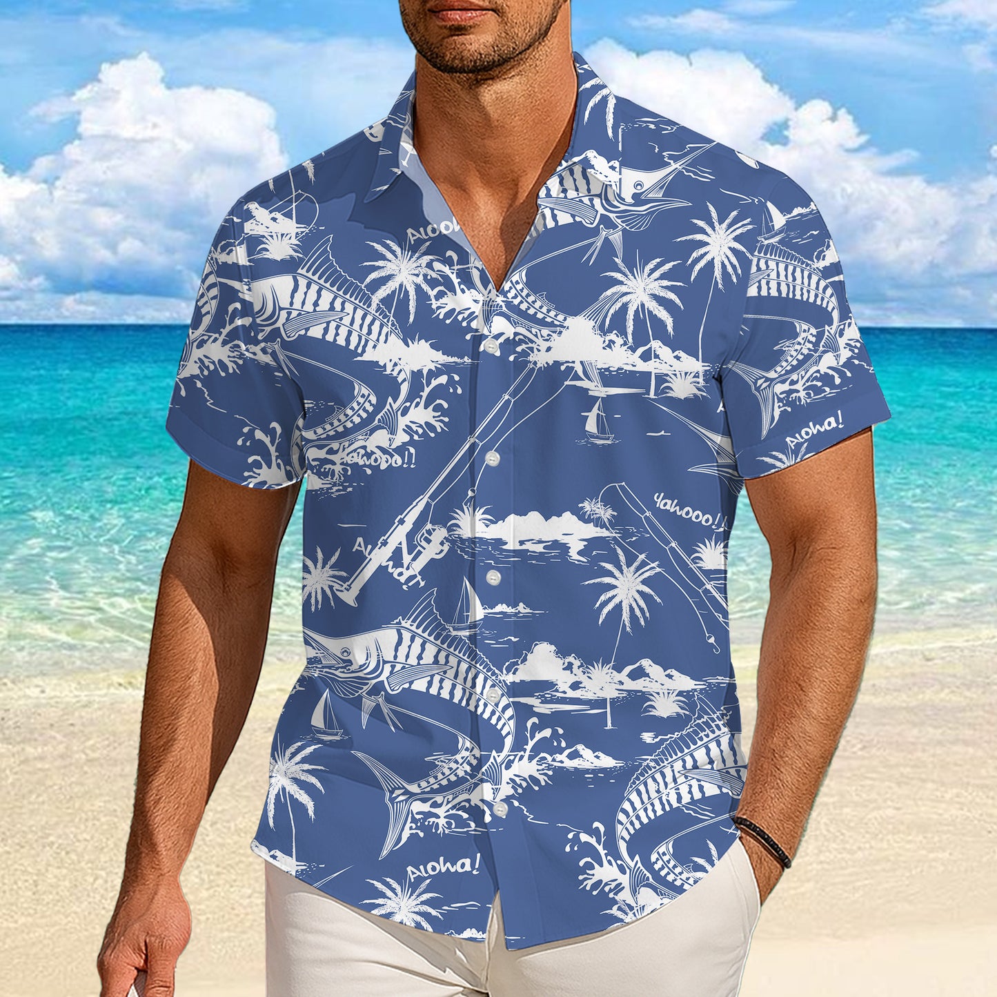 Deep Sea Marlin Fishing Hawaiian Shirt for Men & Women Blue Aloha