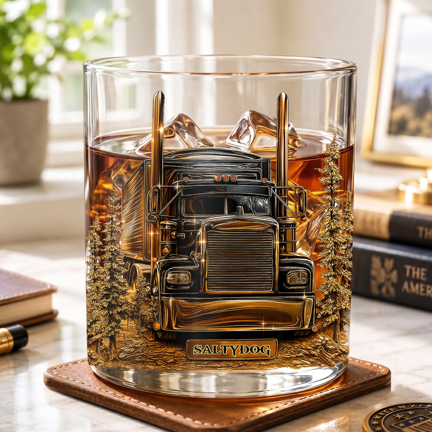 Personalized Semi-Truck Whiskey Glass - Custom Trucker Gift