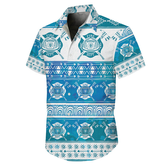 Firefighter Fire Dept Blue Tribal Hawaiian Shirt for Men & Women Aloha