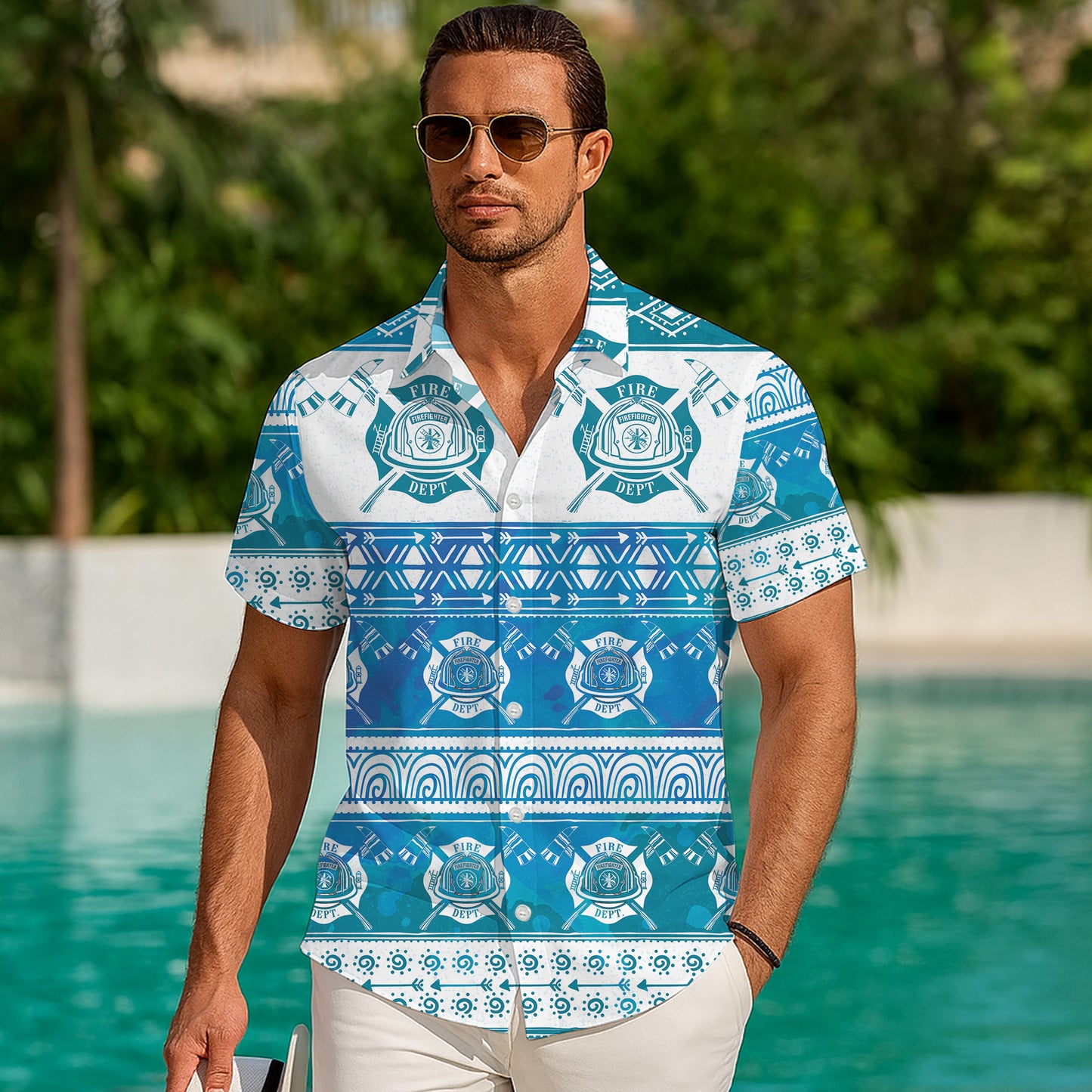 Firefighter Fire Dept Blue Tribal Hawaiian Shirt for Men & Women Aloha
