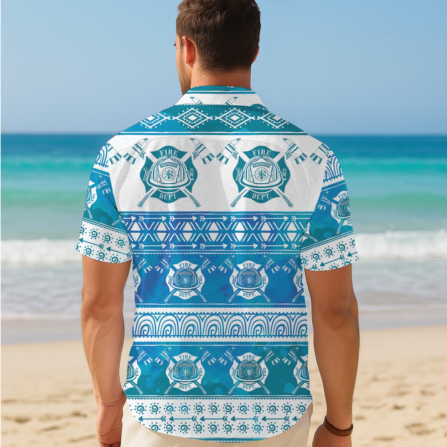 Firefighter Fire Dept Blue Tribal Hawaiian Shirt for Men & Women Aloha