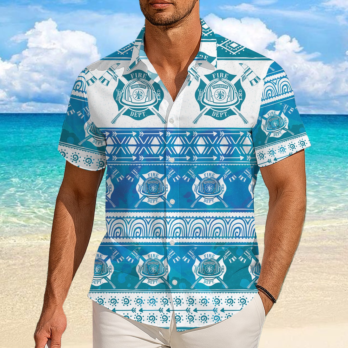 Firefighter Fire Dept Blue Tribal Hawaiian Shirt for Men & Women Aloha