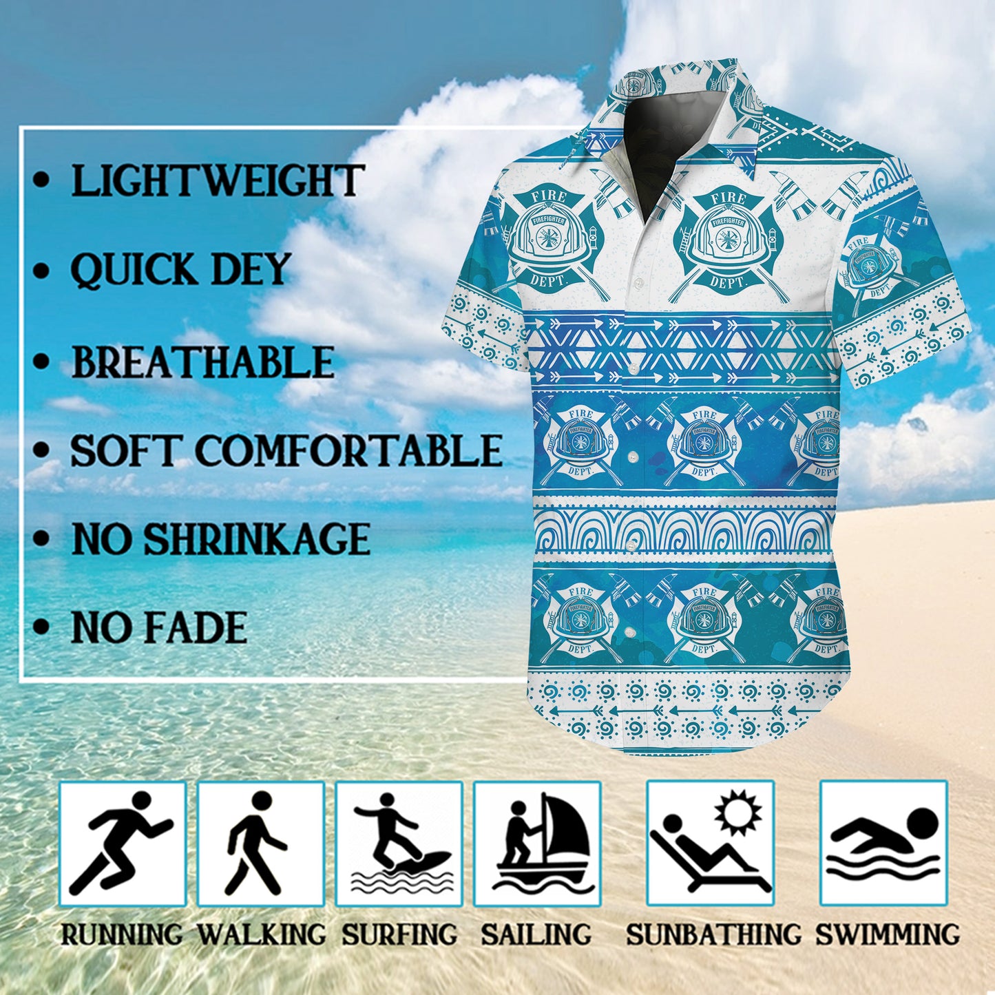 Firefighter Fire Dept Blue Tribal Hawaiian Shirt for Men & Women Aloha