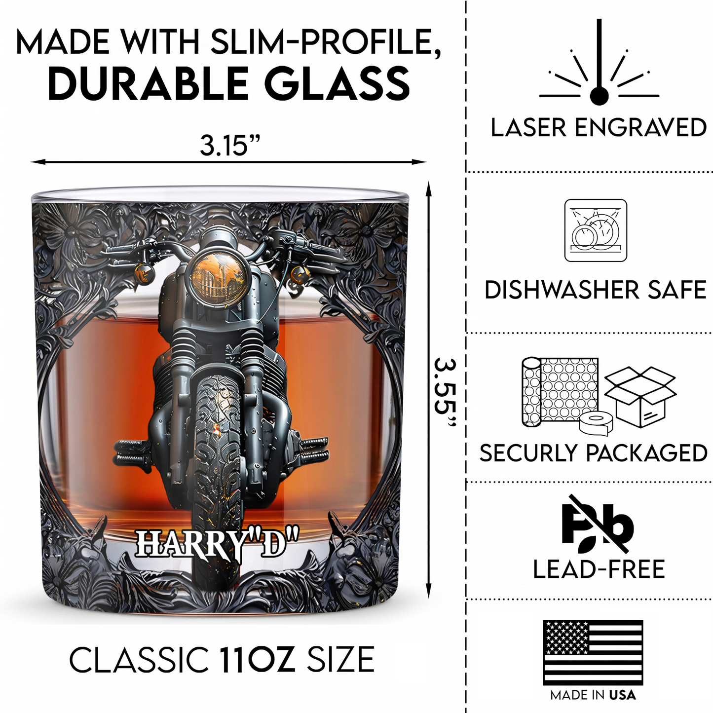 Personalized Motorcycle Biker Whiskey Glass - Custom Name Gothic Design