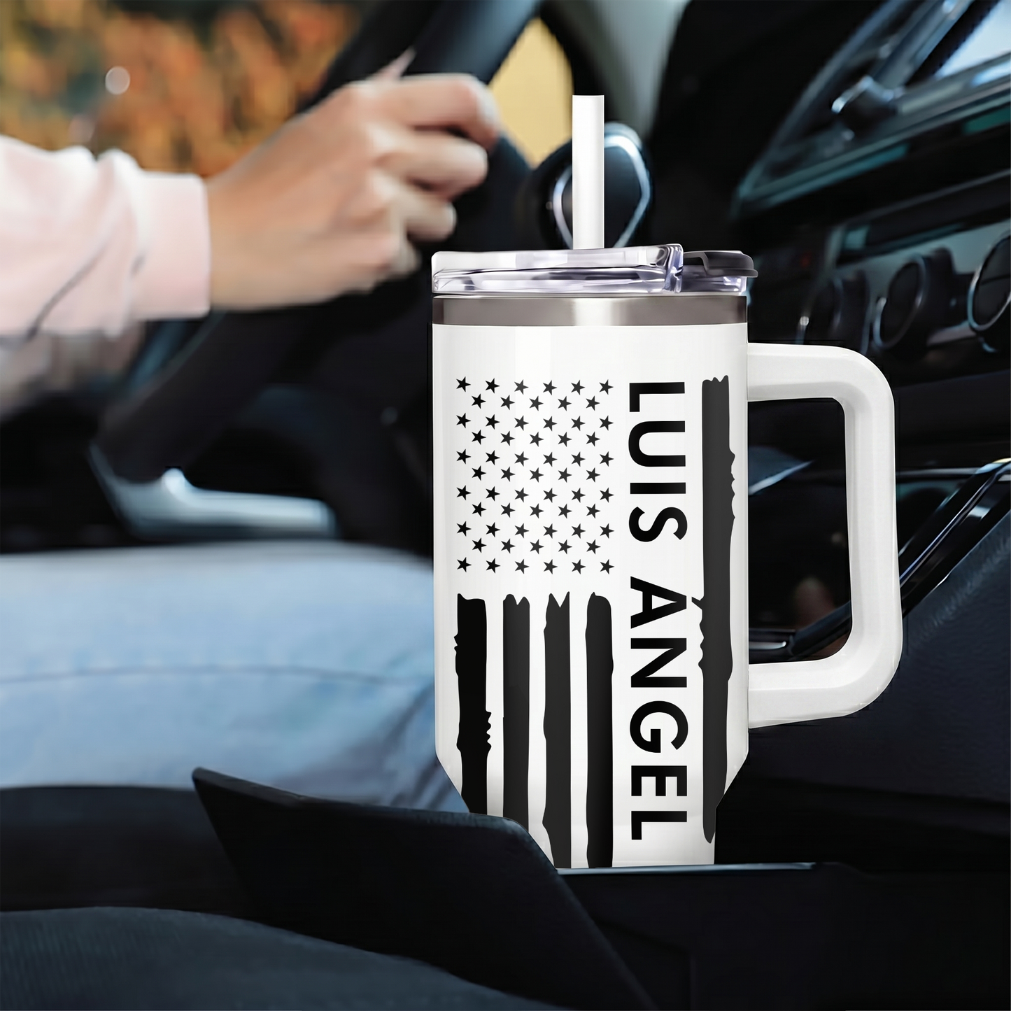 Custom Name Tumbler 40oz with Handle, American Flag Eagle Travel Mug, Personalized Double Wall Insulated Cup, Military Veteran Gifts