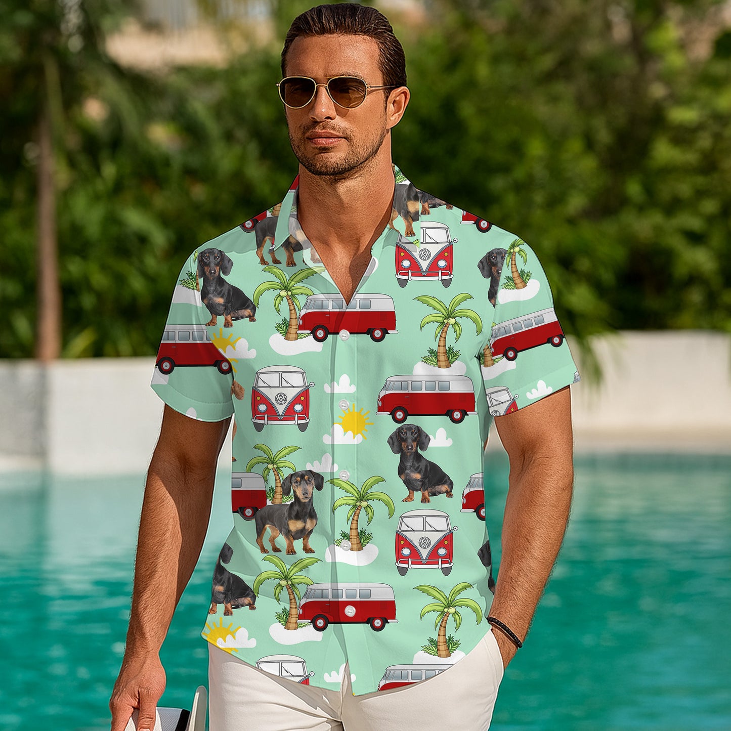 Dachshund Dog & Vintage Camper Hawaiian Shirt for Men & Women Tropical Aloha
