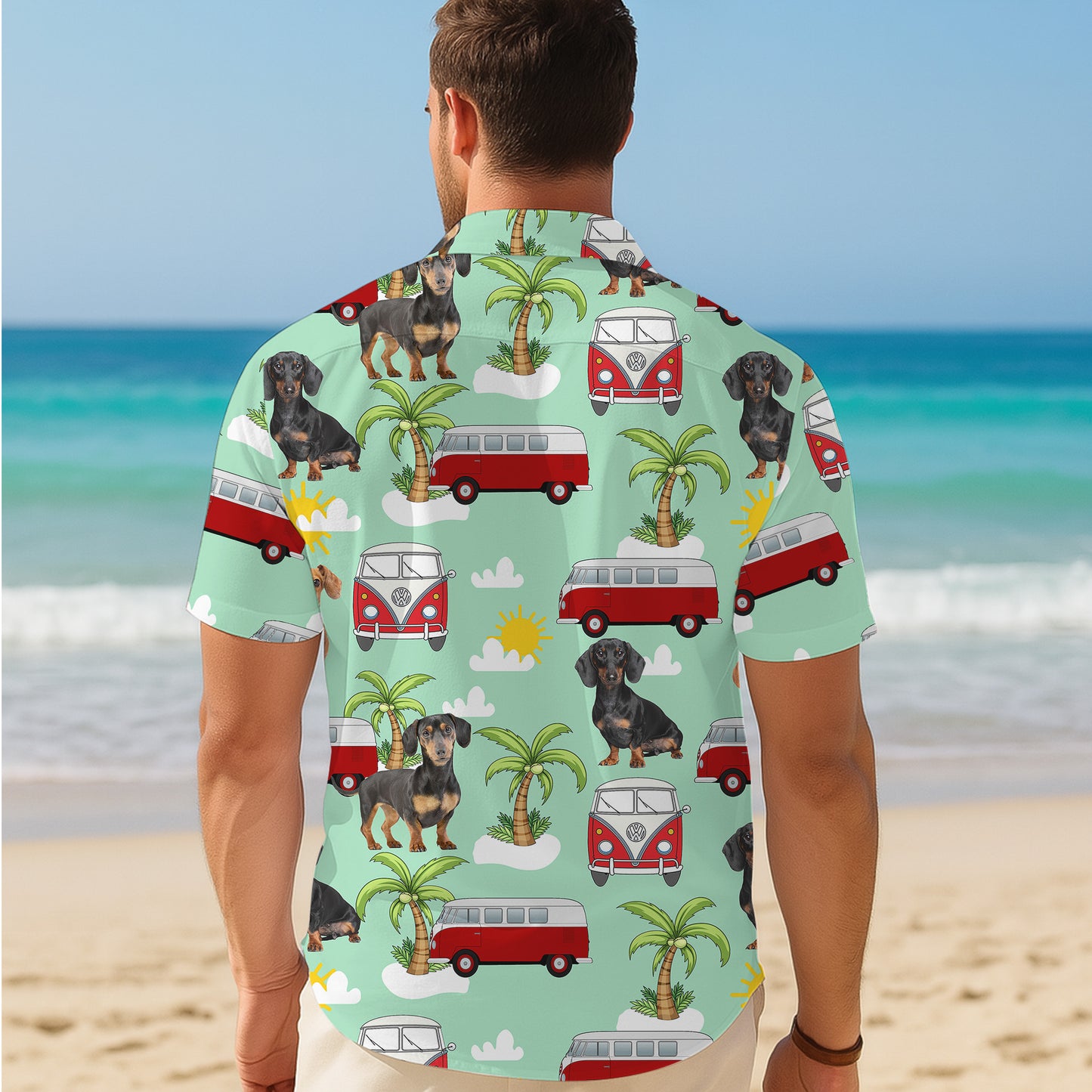 Dachshund Dog & Vintage Camper Hawaiian Shirt for Men & Women Tropical Aloha