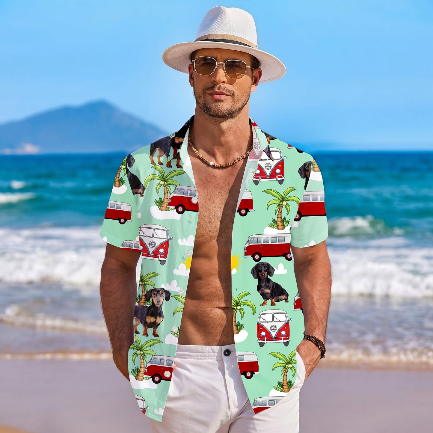 Dachshund Dog & Vintage Camper Hawaiian Shirt for Men & Women Tropical Aloha