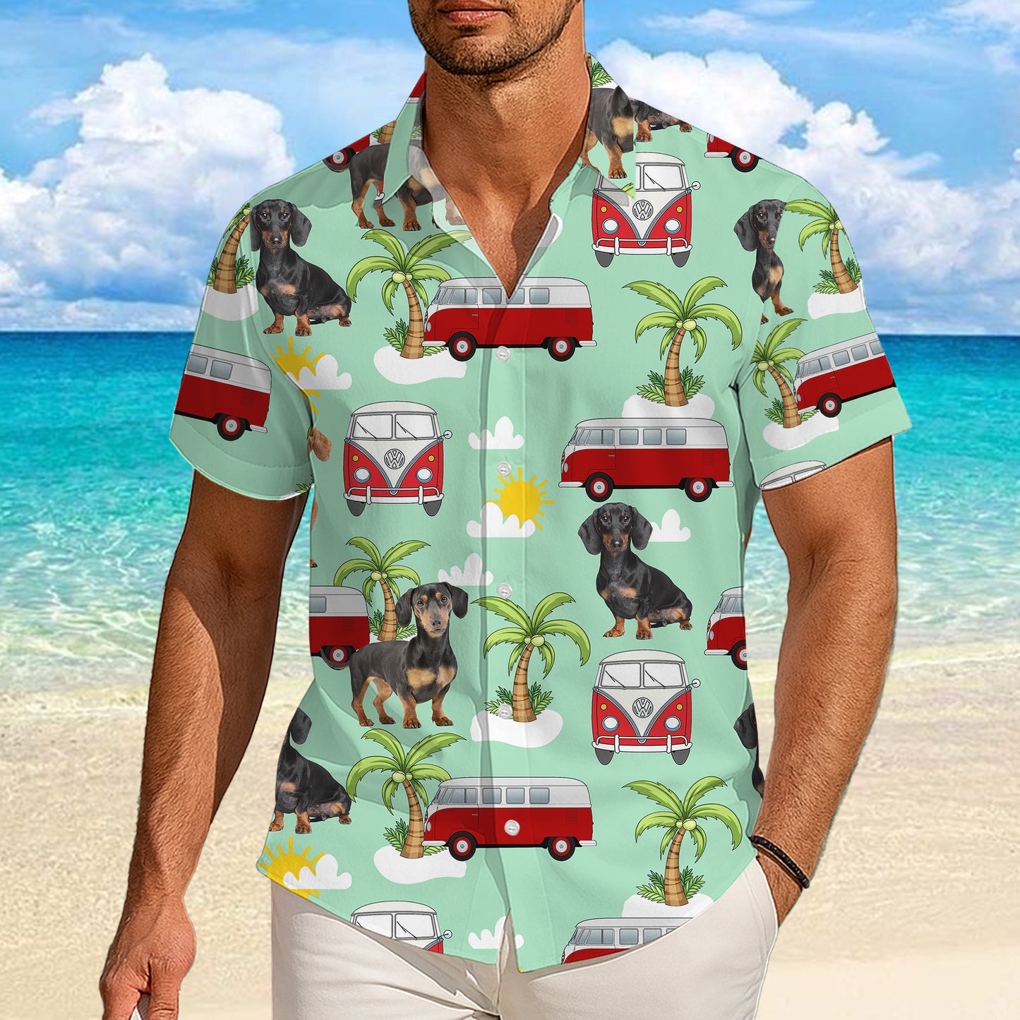 Dachshund Dog & Vintage Camper Hawaiian Shirt for Men & Women Tropical Aloha