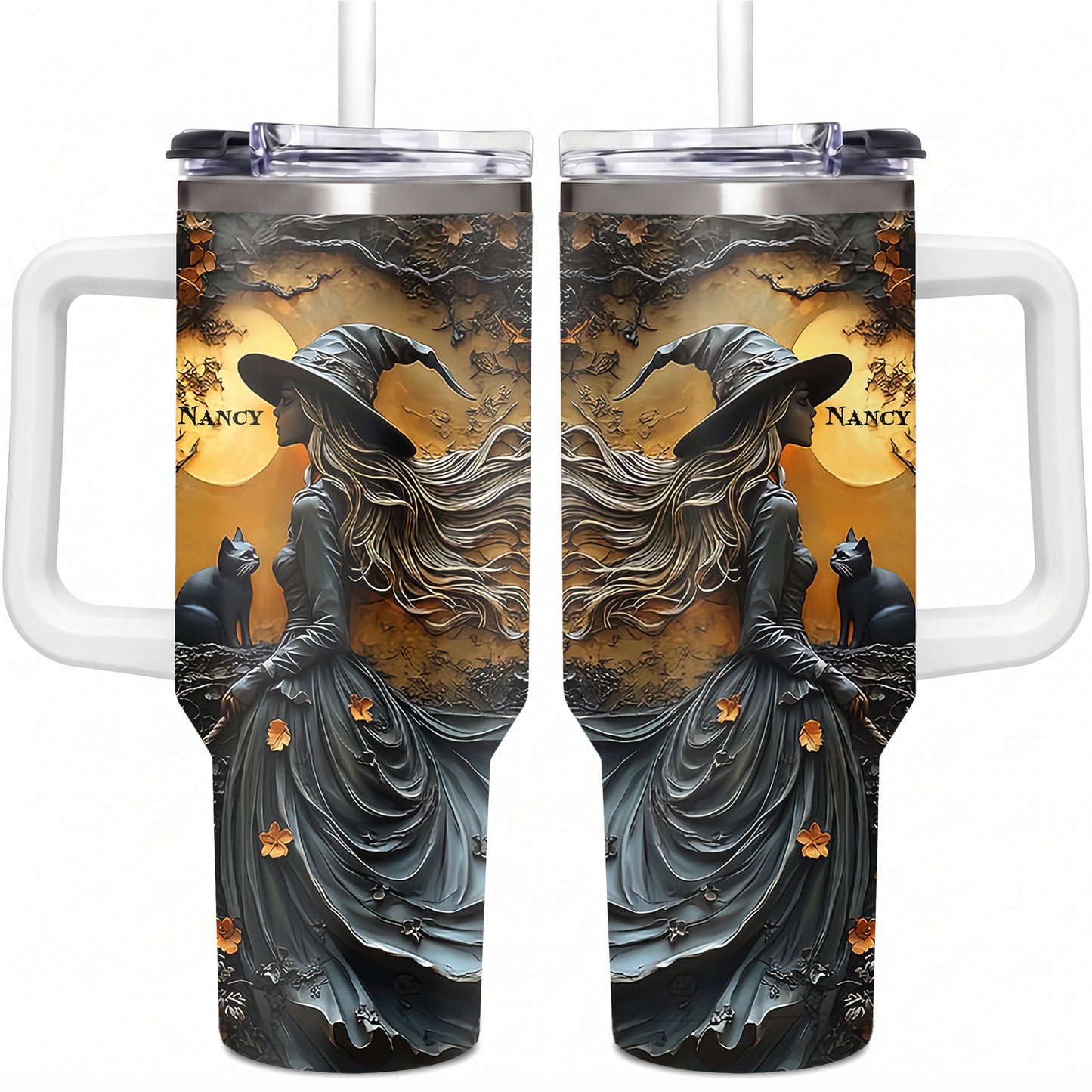 Personalized 3D Witch Tumbler with Name, 40oz Custom Halloween Travel Cup with Handle, Autumn Leaves Gothic Spooky Season Gift