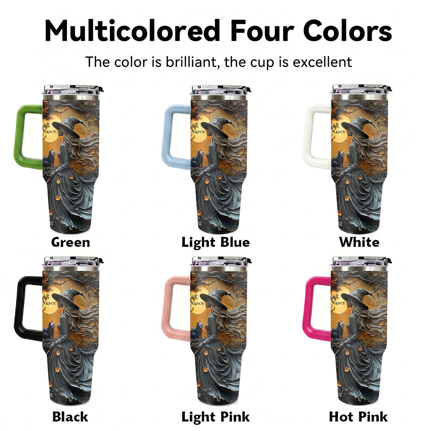 Personalized 3D Witch Tumbler with Name, 40oz Custom Halloween Travel Cup with Handle, Autumn Leaves Gothic Spooky Season Gift