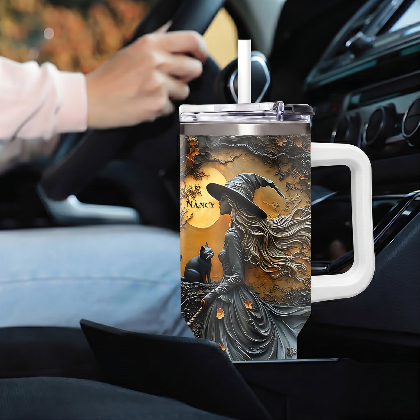 Personalized 3D Witch Tumbler with Name, 40oz Custom Halloween Travel Cup with Handle, Autumn Leaves Gothic Spooky Season Gift