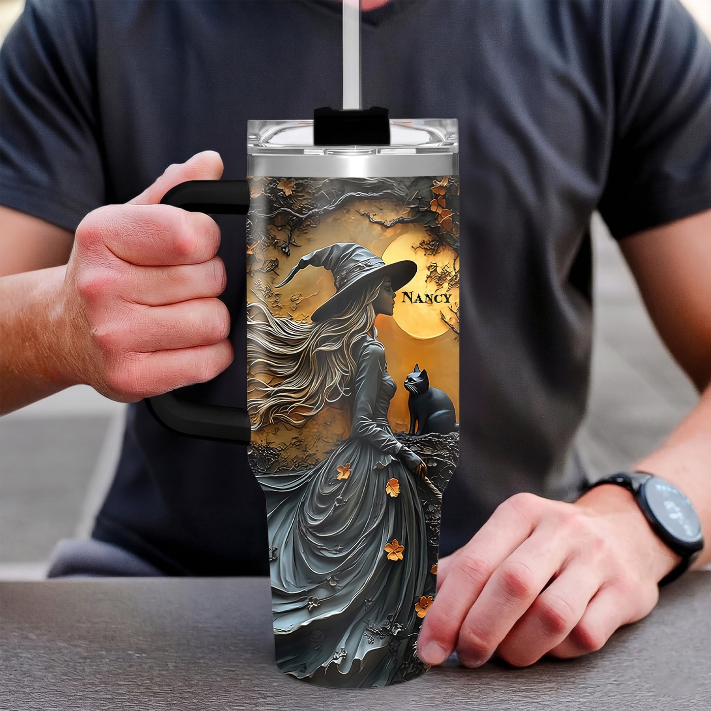Personalized 3D Witch Tumbler with Name, 40oz Custom Halloween Travel Cup with Handle, Autumn Leaves Gothic Spooky Season Gift