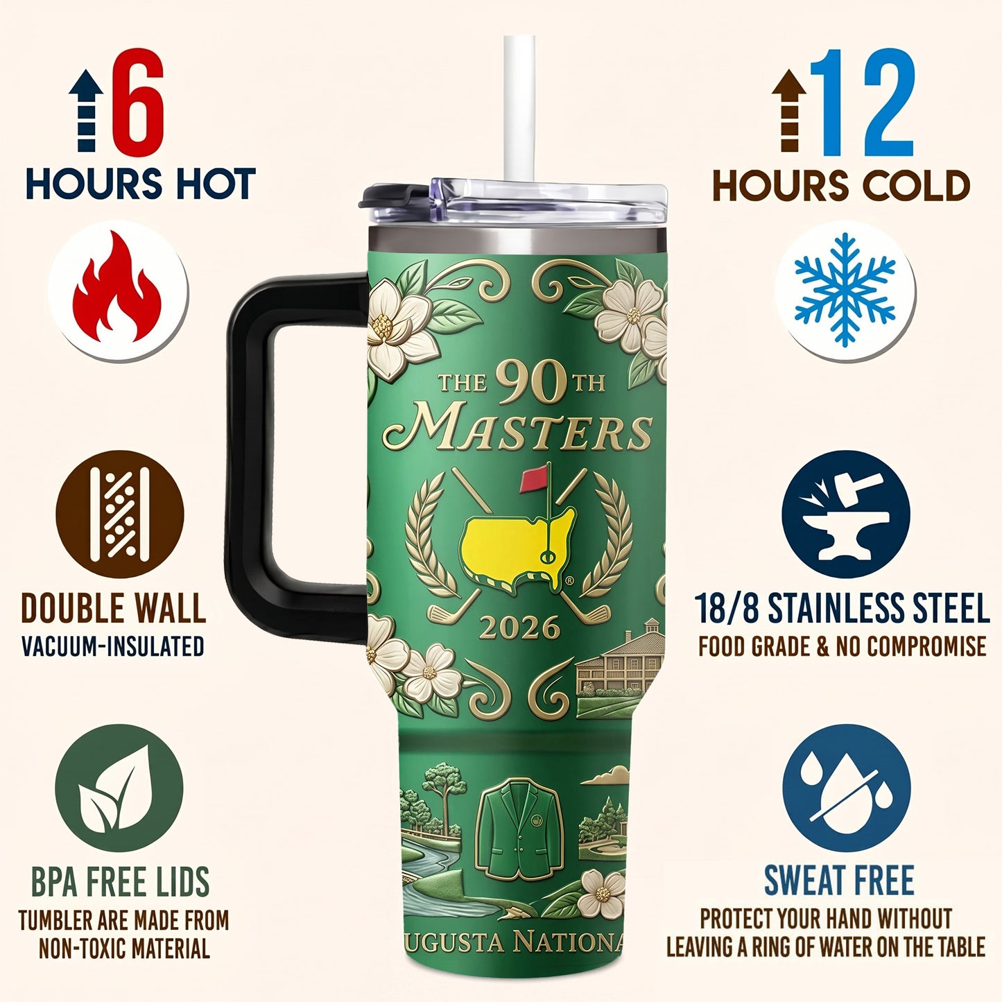 2026 Golf Tournament 40oz Tumbler with Handle, Green Jacket Augusta Map Insulated Cup, The 90th Masters Commemorative Gift for Golfers