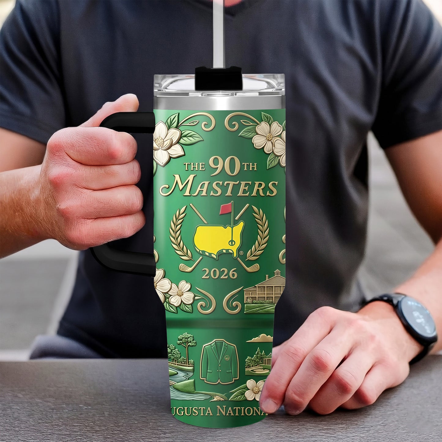 2026 Golf Tournament 40oz Tumbler with Handle, Green Jacket Augusta Map Insulated Cup, The 90th Masters Commemorative Gift for Golfers