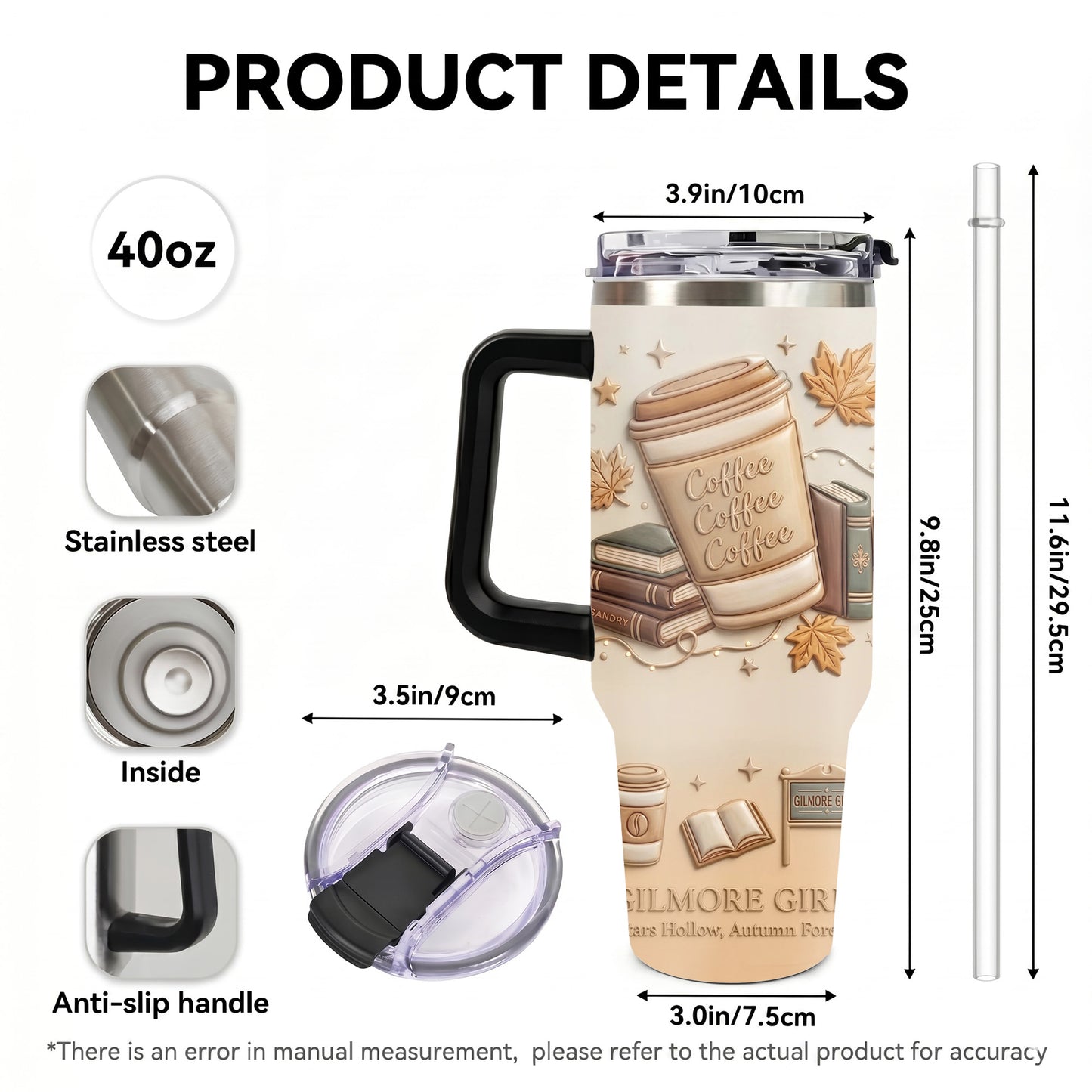 Stars Hollow Autumn Gilmore Girls Inspired 40oz Tumbler with Handle, Coffee Coffee Coffee 3D Embossed Fall Travel Cup