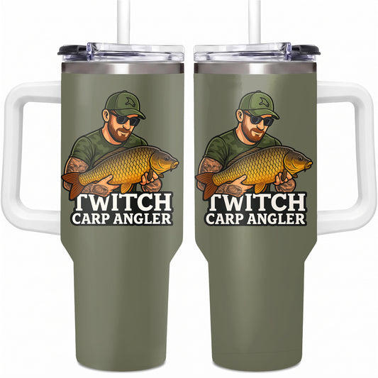 Carp Fishing 40oz Stainless Steel Tumbler, Angler Outdoors Travel Mug with Handle & Straw, Fisherman Dad Gift, Sportsman Drinkware