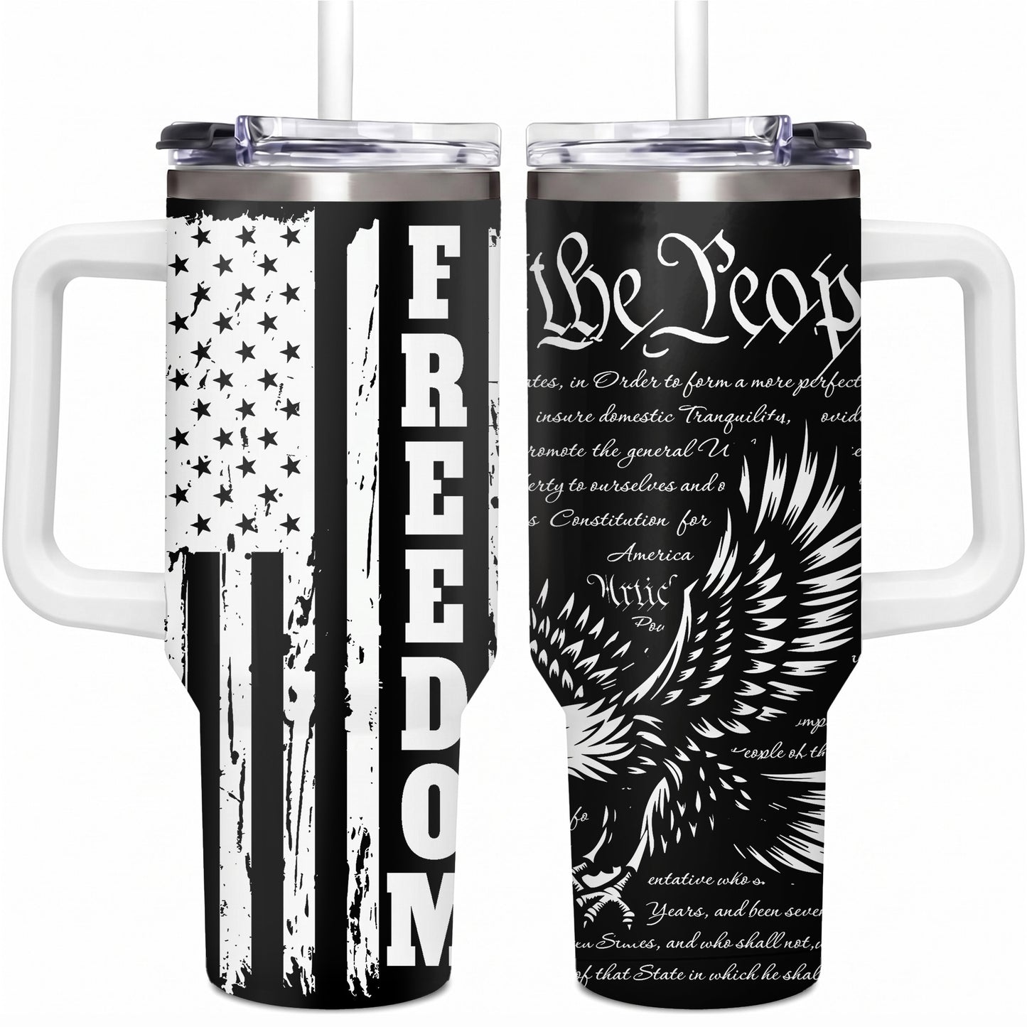 Freedom Eagle American Flag 40oz Tumbler with Handle Patriotic Stainless Steel Travel Mug with Straw