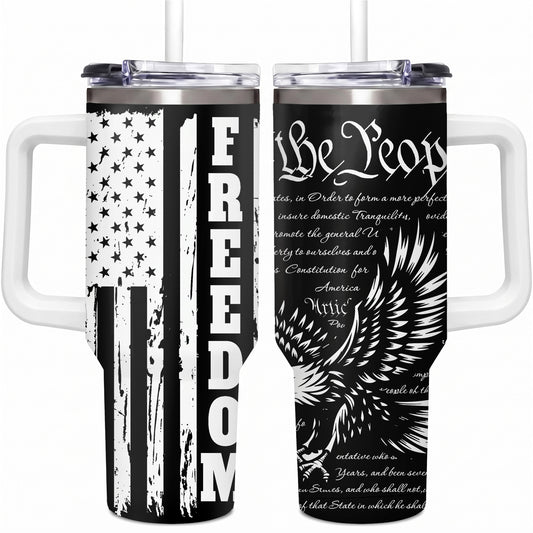 Freedom Eagle American Flag 40oz Tumbler with Handle Patriotic Stainless Steel Travel Mug with Straw