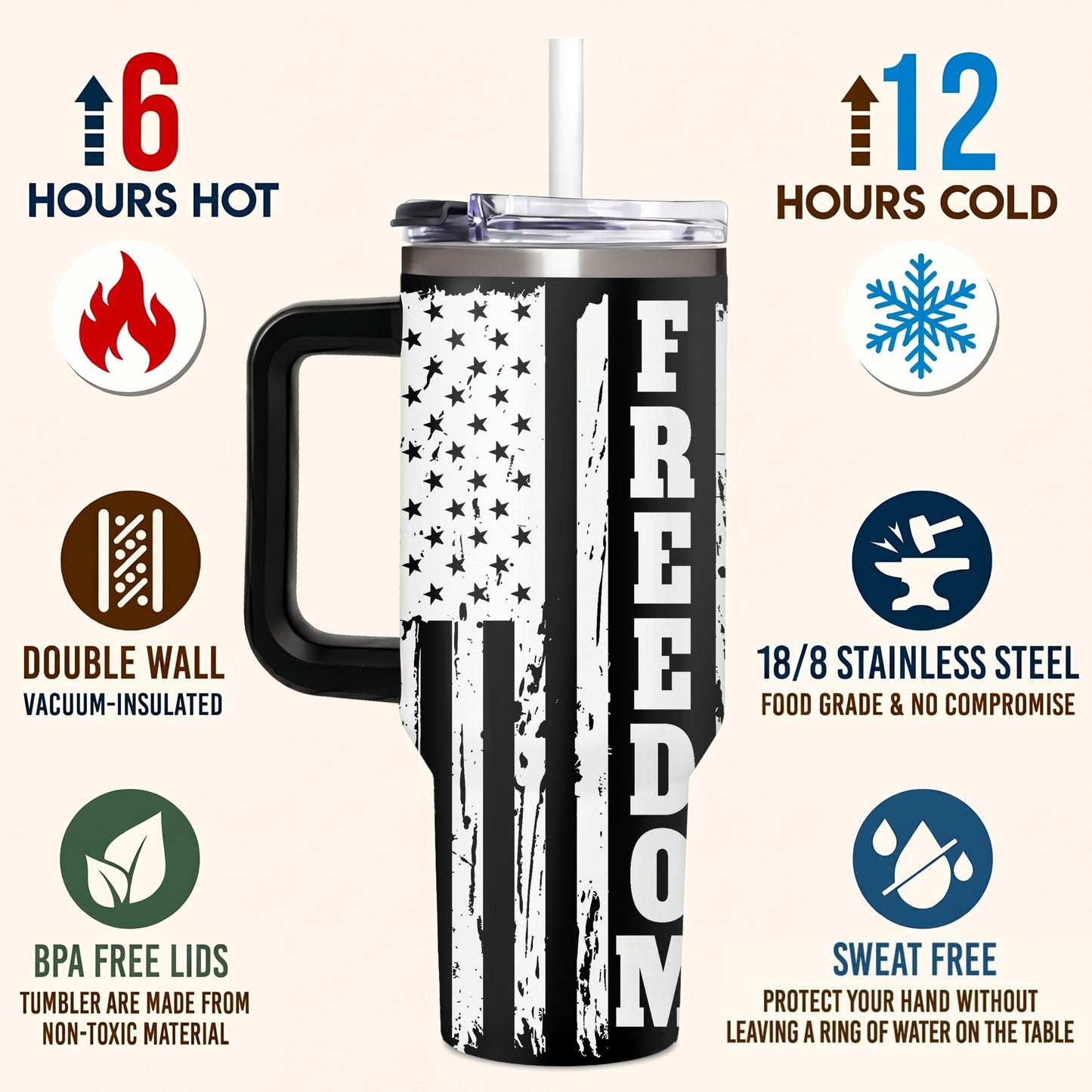 Freedom Eagle American Flag 40oz Tumbler with Handle Patriotic Stainless Steel Travel Mug with Straw