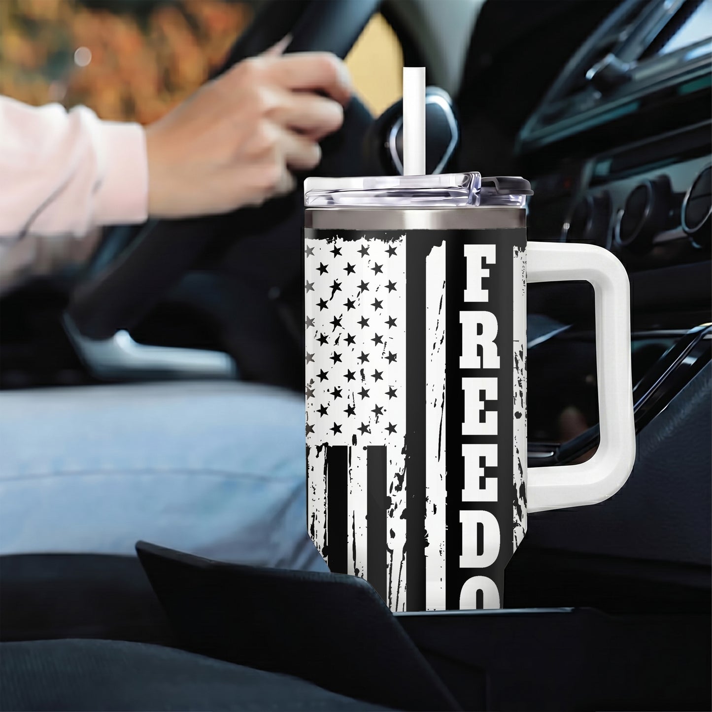 Freedom Eagle American Flag 40oz Tumbler with Handle Patriotic Stainless Steel Travel Mug with Straw