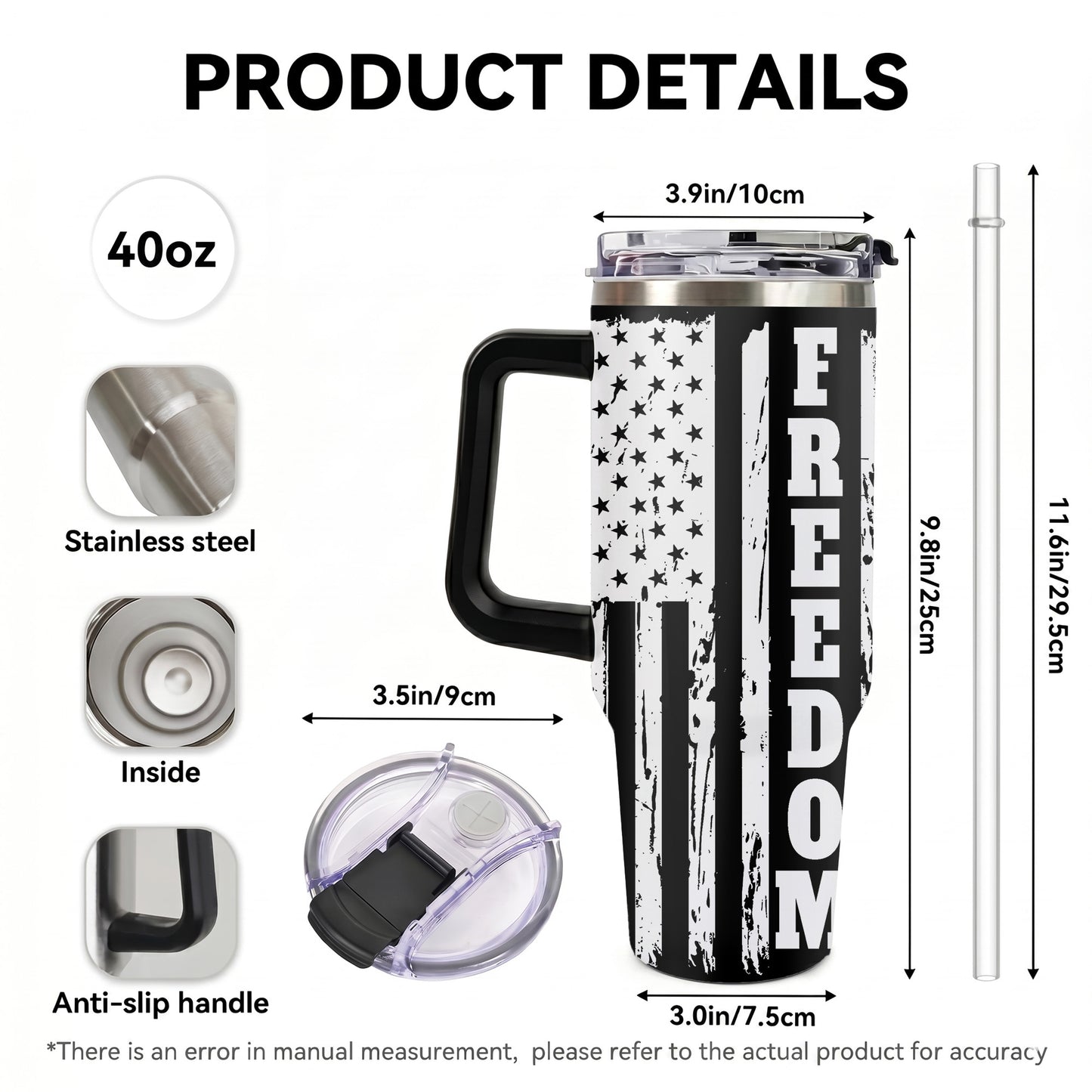 Freedom Eagle American Flag 40oz Tumbler with Handle Patriotic Stainless Steel Travel Mug with Straw