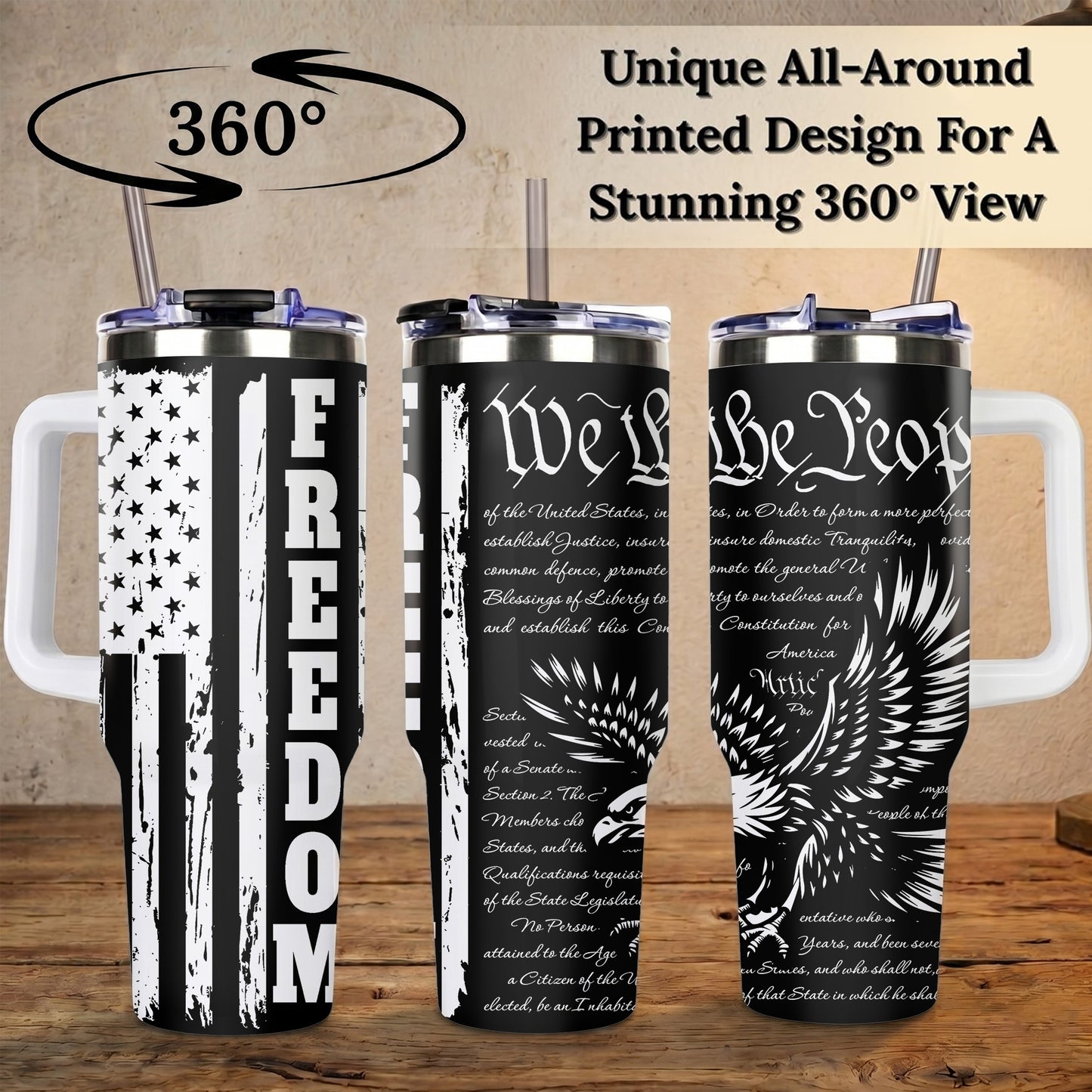 Freedom Eagle American Flag 40oz Tumbler with Handle Patriotic Stainless Steel Travel Mug with Straw