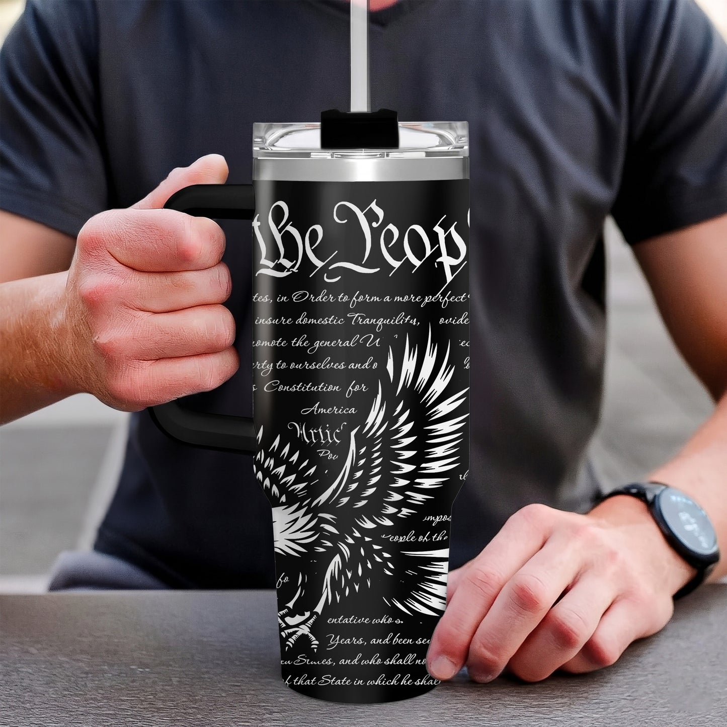 Freedom Eagle American Flag 40oz Tumbler with Handle Patriotic Stainless Steel Travel Mug with Straw