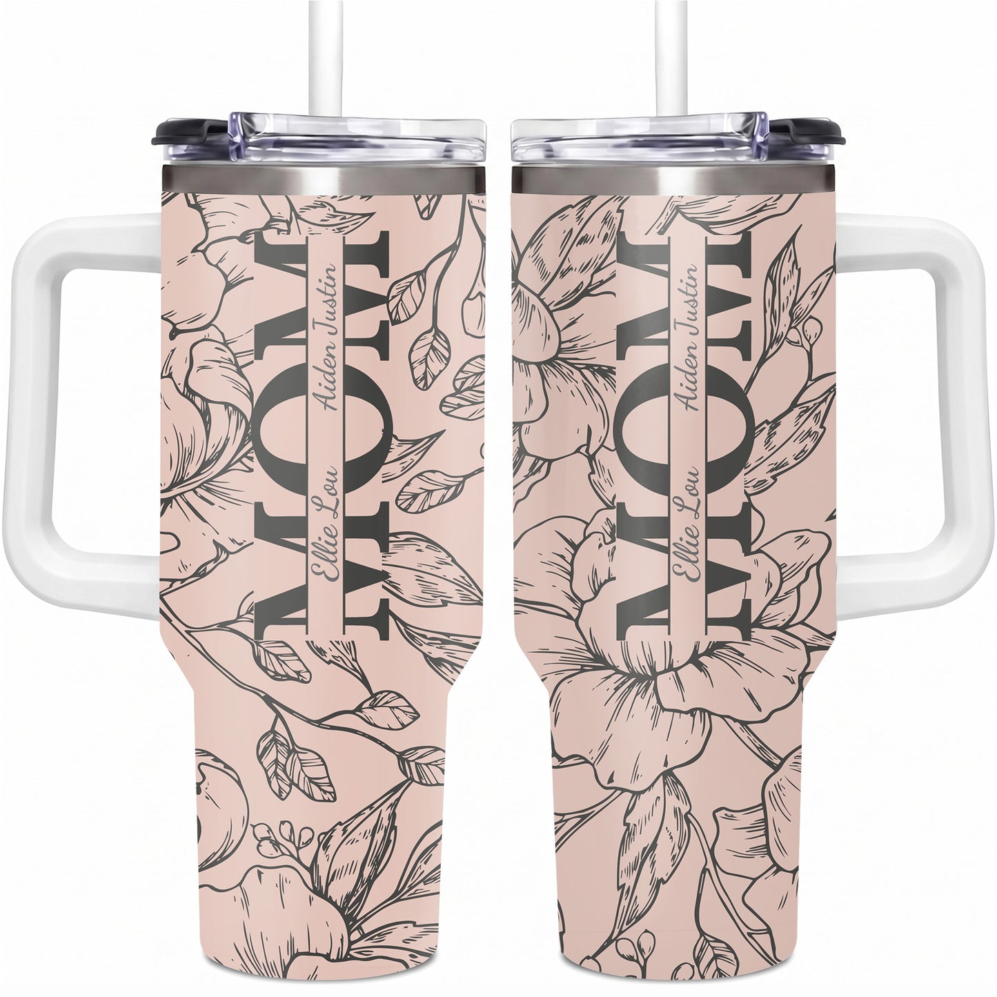 Personalized Mom Tumbler with Kids Names, Custom 40oz Floral Travel Cup with Handle & Straw, Mother's Day Gift