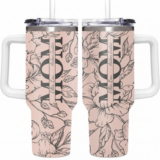 Personalized Mom Tumbler with Kids Names, Custom 40oz Floral Travel Cup with Handle & Straw, Mother's Day Gift