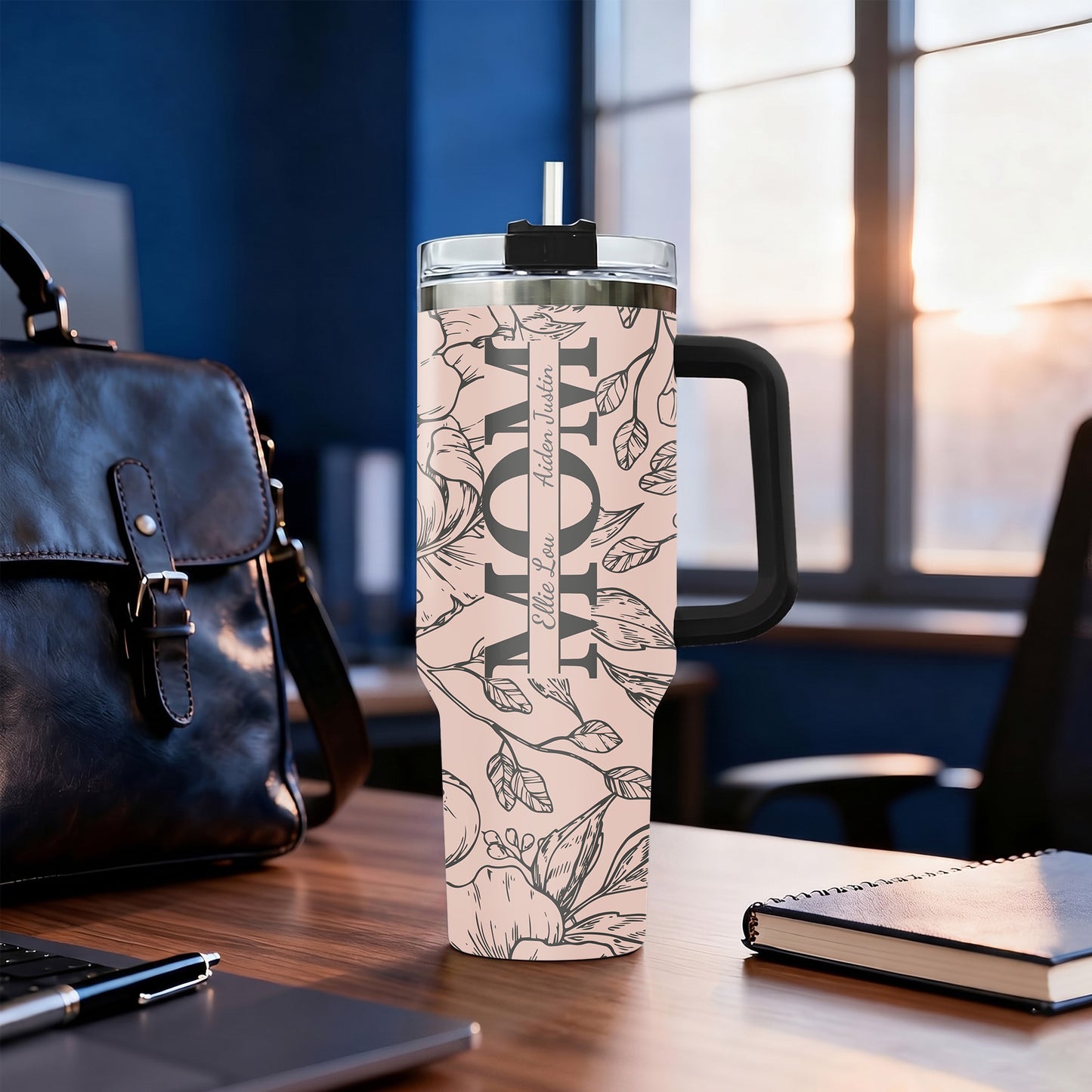 Personalized Mom Tumbler with Kids Names, Custom 40oz Floral Travel Cup with Handle & Straw, Mother's Day Gift