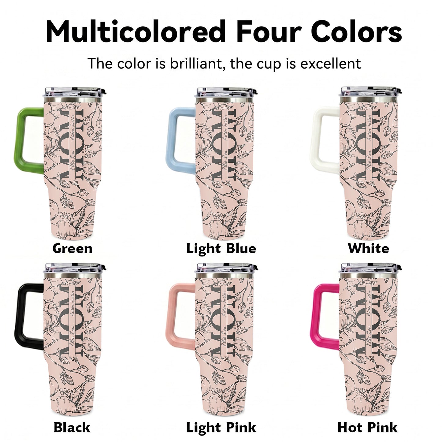 Personalized Mom Tumbler with Kids Names, Custom 40oz Floral Travel Cup with Handle & Straw, Mother's Day Gift