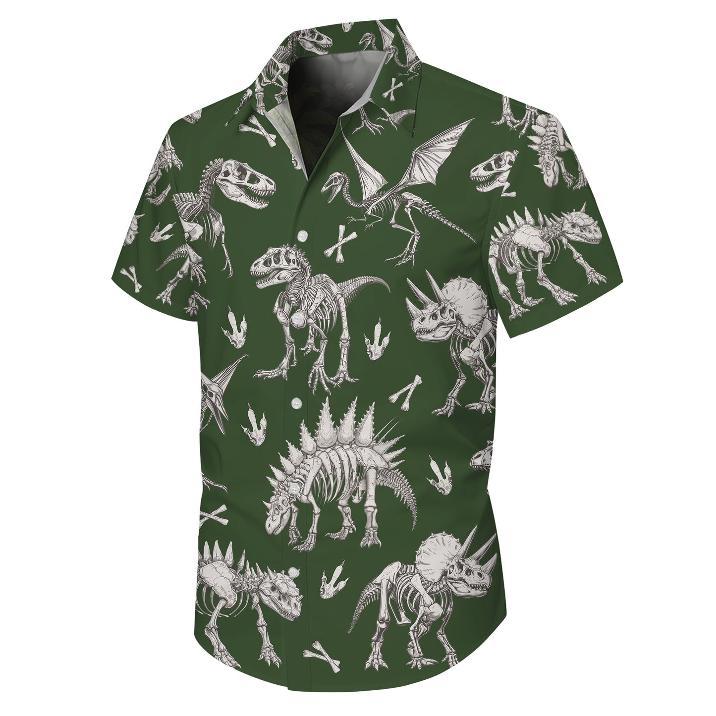Dinosaur Skeleton Fossil Hawaiian Shirt for Men & Women Green Aloha