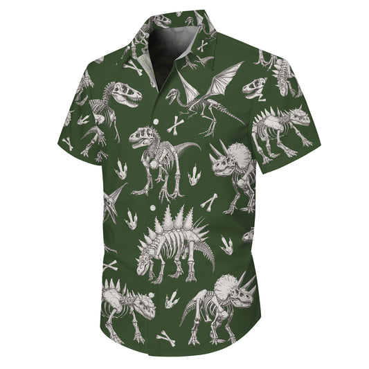 Dinosaur Skeleton Fossil Hawaiian Shirt for Men & Women Green Aloha