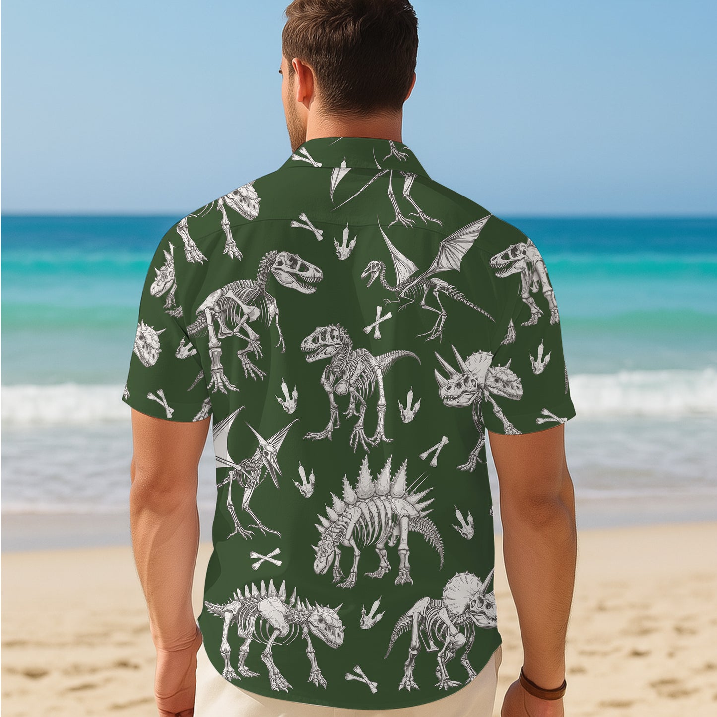 Dinosaur Skeleton Fossil Hawaiian Shirt for Men & Women Green Aloha