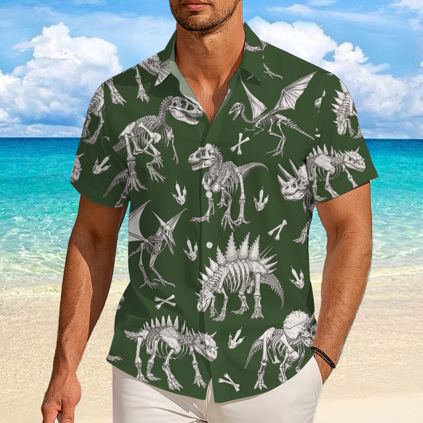 Dinosaur Skeleton Fossil Hawaiian Shirt for Men & Women Green Aloha