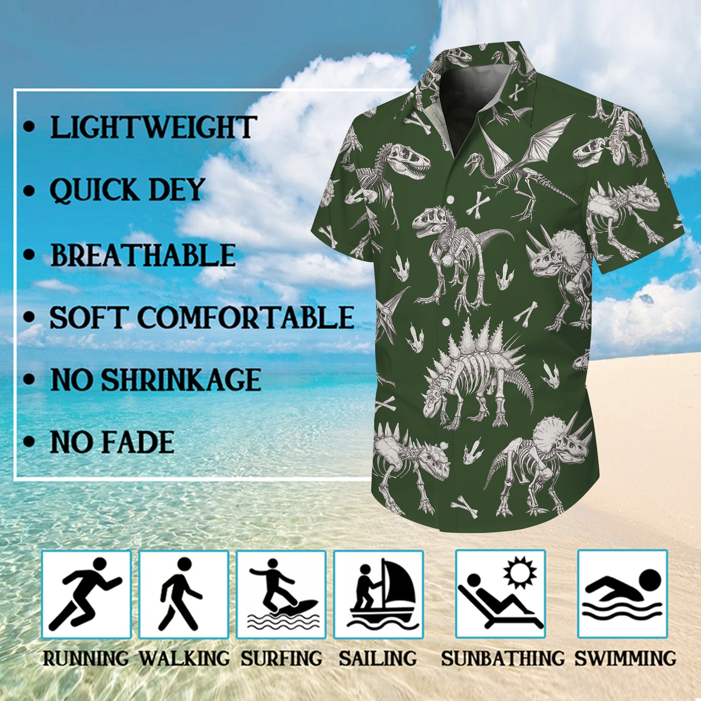 Dinosaur Skeleton Fossil Hawaiian Shirt for Men & Women Green Aloha