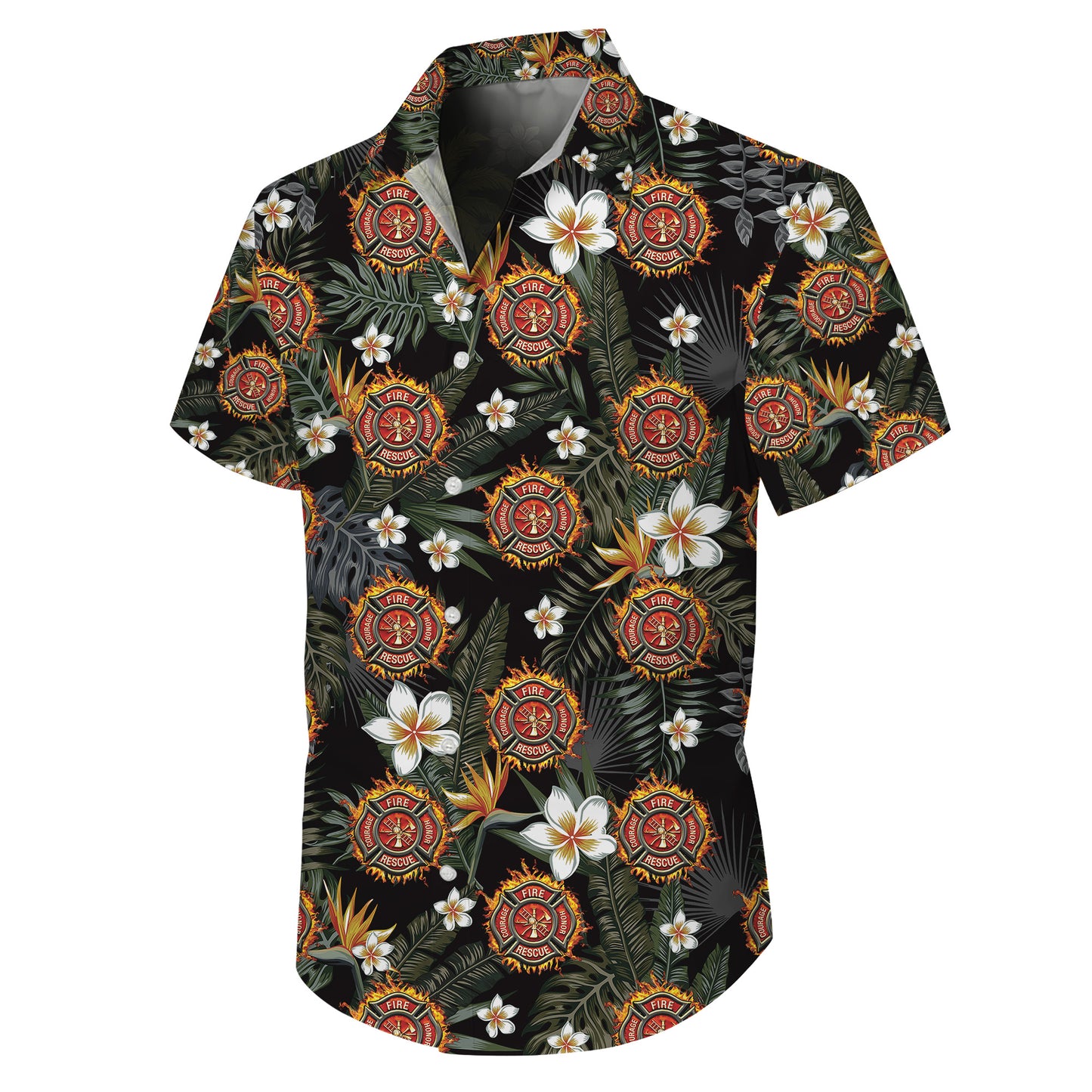 Firefighter Fire Rescue Tropical Floral Hawaiian Shirt for Men & Women Aloha