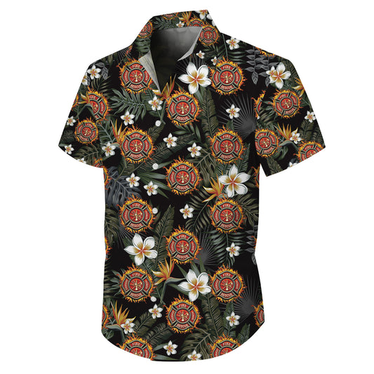 Firefighter Fire Rescue Tropical Floral Hawaiian Shirt for Men & Women Aloha