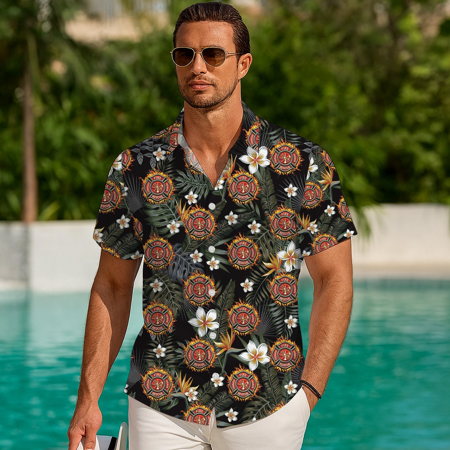 Firefighter Fire Rescue Tropical Floral Hawaiian Shirt for Men & Women Aloha