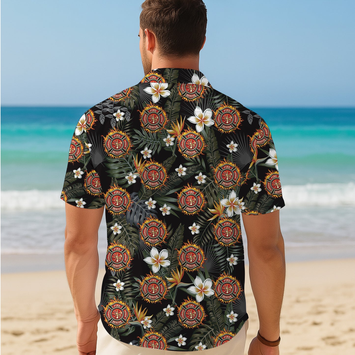 Firefighter Fire Rescue Tropical Floral Hawaiian Shirt for Men & Women Aloha