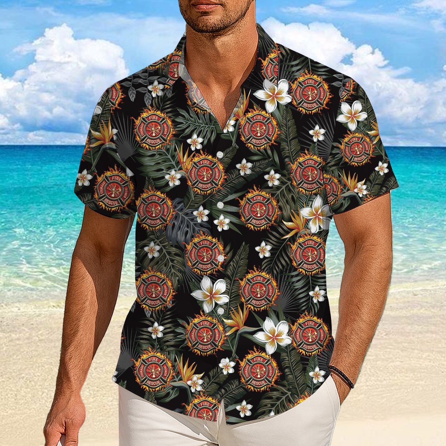 Firefighter Fire Rescue Tropical Floral Hawaiian Shirt for Men & Women Aloha