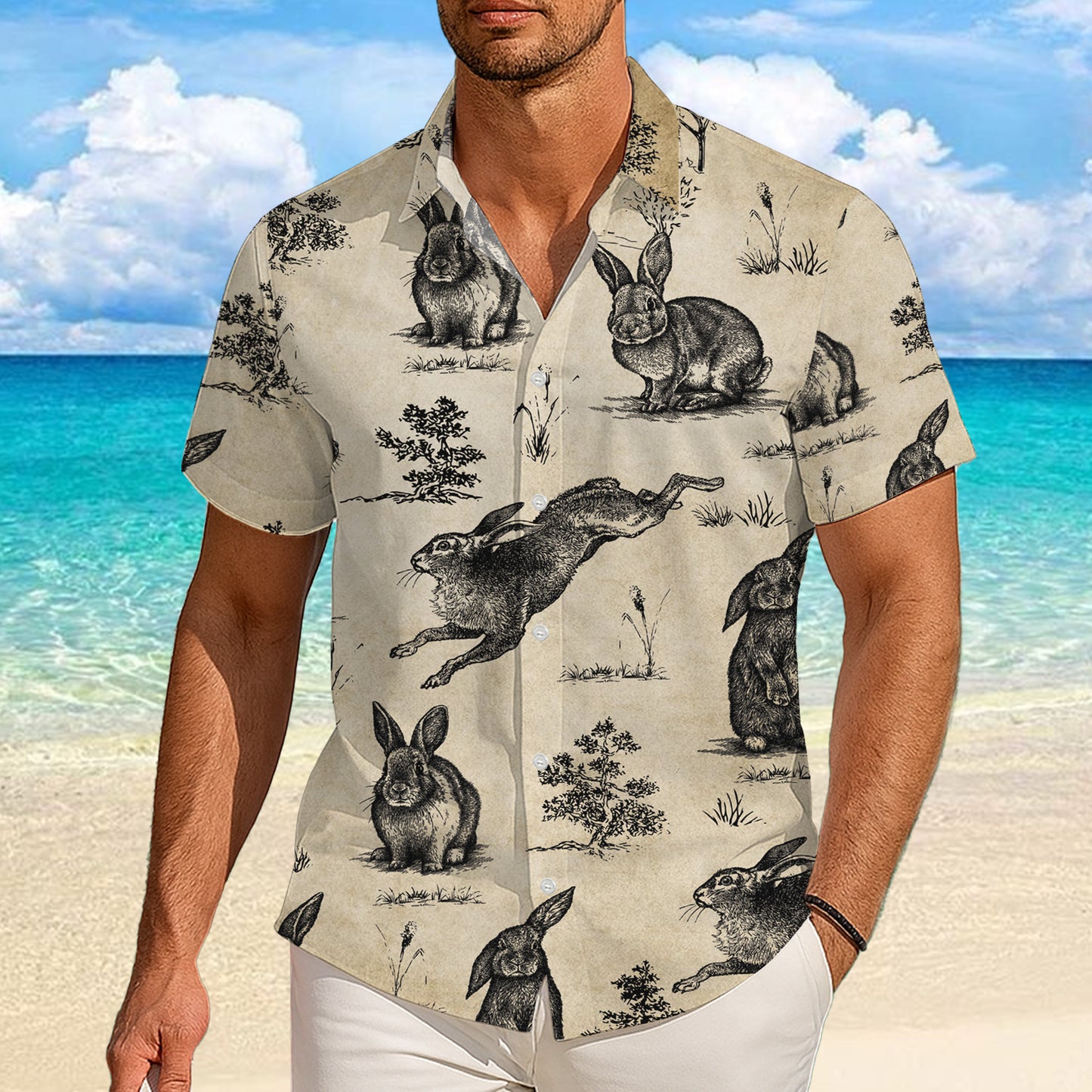 Vintage Sketch Rabbit Hawaiian Shirt for Men & Women Retro Aloha