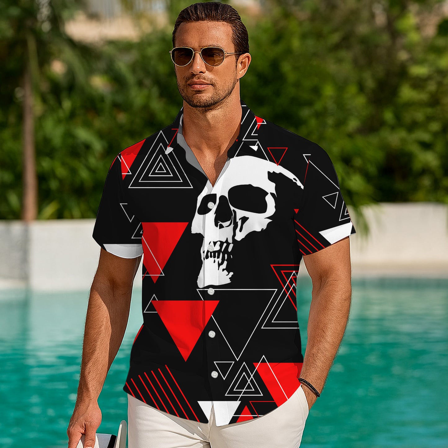 Geometric Skull Red Black Hawaiian Shirt for Men & Women Edgy Aloha