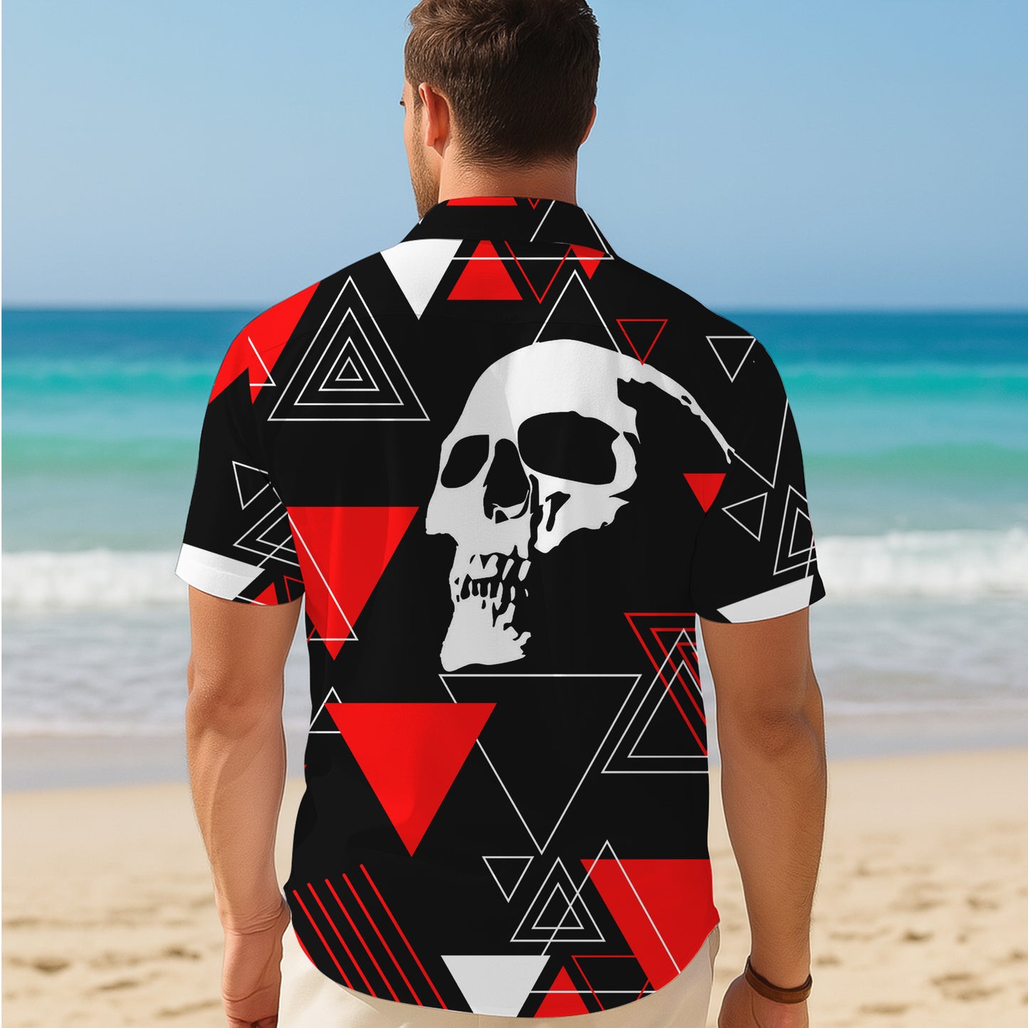 Geometric Skull Red Black Hawaiian Shirt for Men & Women Edgy Aloha