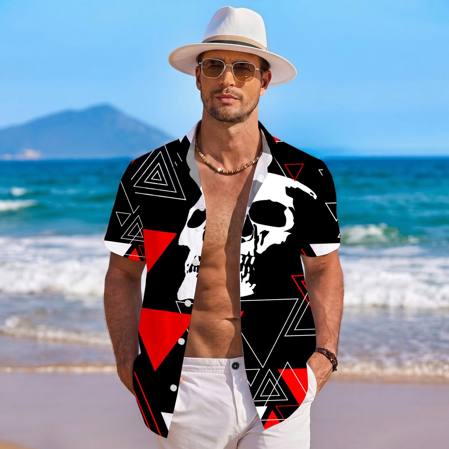 Geometric Skull Red Black Hawaiian Shirt for Men & Women Edgy Aloha